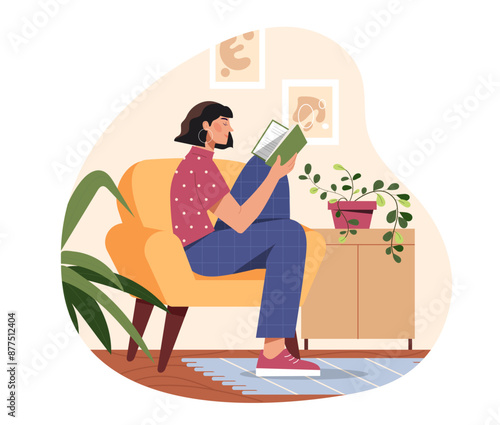 Woman reading book. Young girl with textbook or fiction sits in chair. Love of reading and literature. Useful hobby and leisure. Education and learning indoors. Cartoon vector illustration