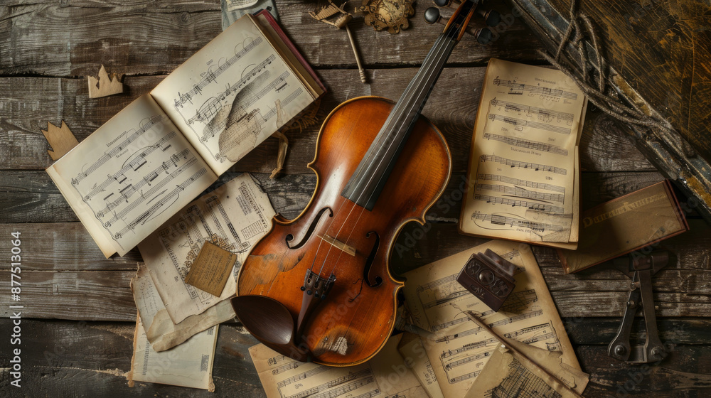 Naklejka premium An antique violin rests amidst a collection of aged, scattered sheet music on a rustic wooden surface.