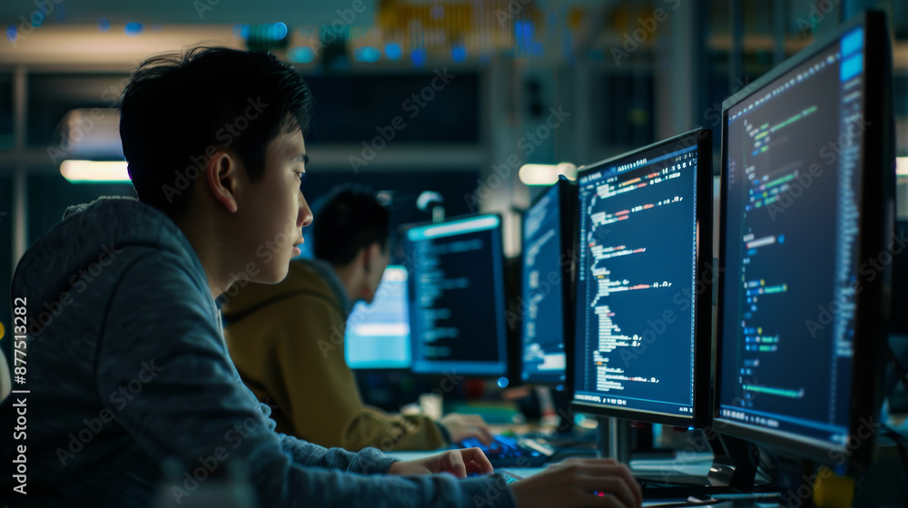 Dedicated programmers working in a high-tech office at night, their screens filled with code, illustrating the intensity and commitment of the tech industry. Dedicated programmers working in a high-tech office at night, their screens filled with code, illustrating the intensity and commitment of the tech industry.