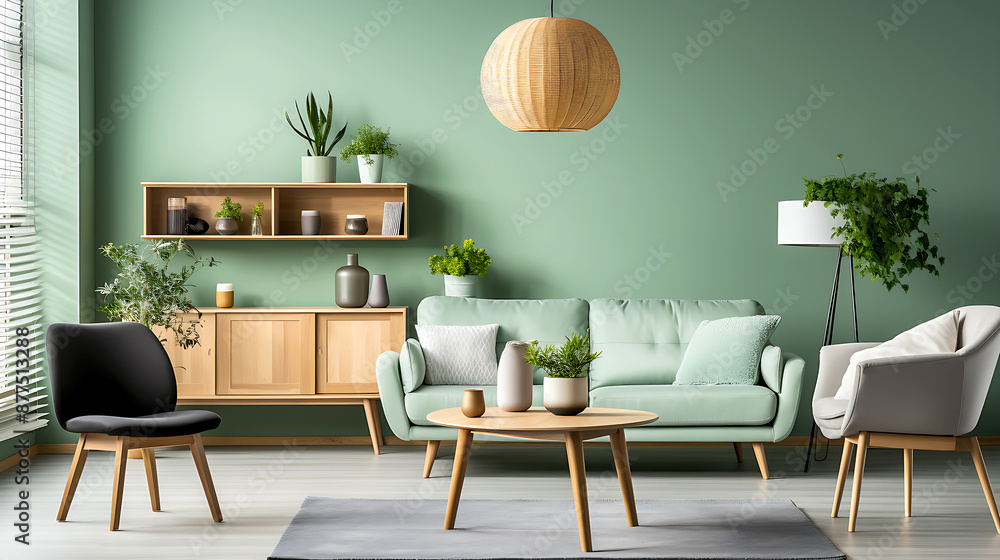 Obraz premium Mint color chairs at round wooden dining table, home interior design of modern living room