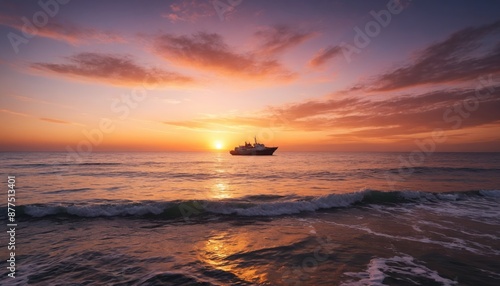 A lonely vessel navigates the golden hour on the open ocean