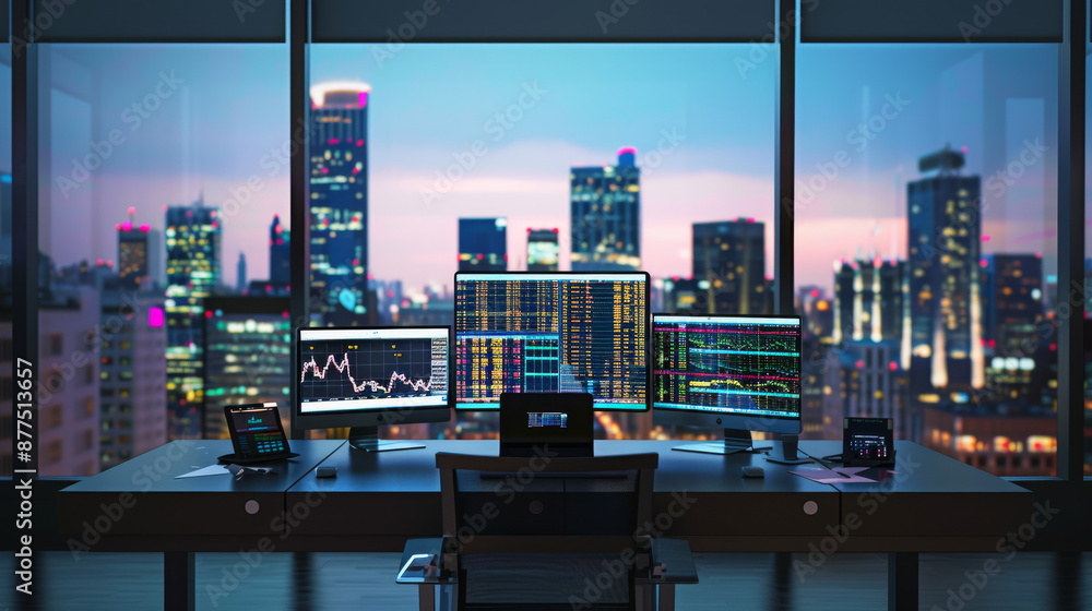 A modern trading desk at dusk, featuring multiple monitors with various financial charts and data, illuminated by the city skyline outside large glass windows. A modern trading desk at dusk, featuring multiple monitors with various financial charts and data, illuminated by the city skyline outside large glass windows.