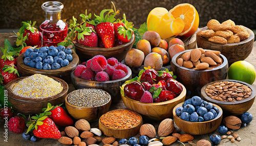 Selection of healthy food on rustic wooden background