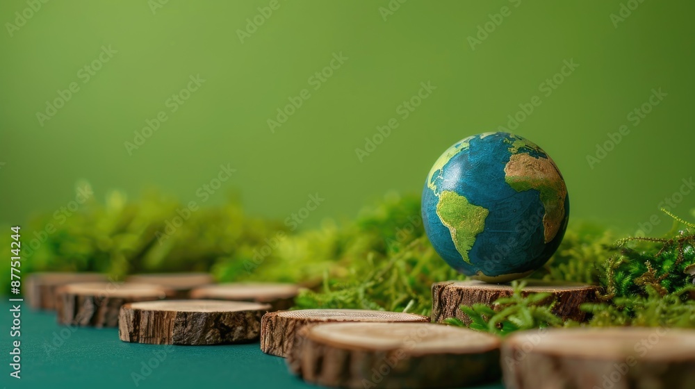 Ecological theme Earth globe and wooden roundels with Walk on green background Ecological theme Earth globe and wooden roundels with Walk on green background