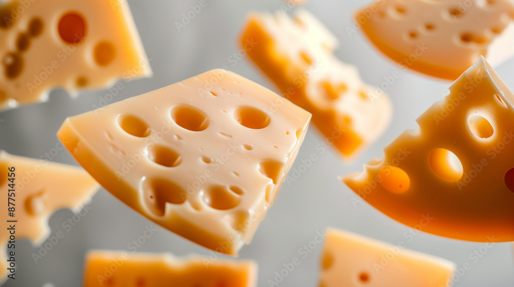 A close up of a piece of cheese with holes in it A close up of a piece of cheese with holes in it