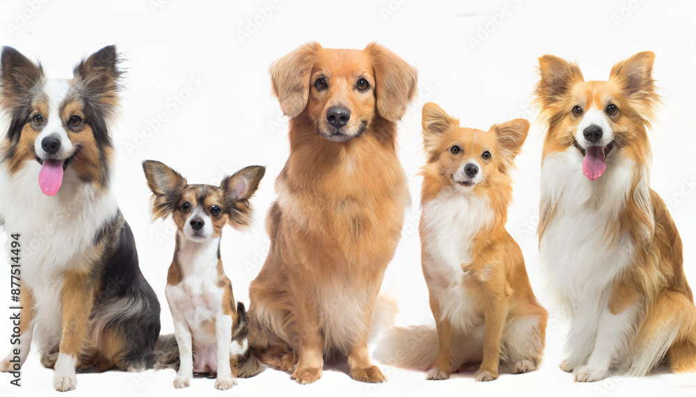 Collage made of different purebred dogs looking against white studio background. Smart, beautiful pets. Concept of animal theme, care, pet friend, vet, doggie lifestyle Collage made of different purebred dogs looking against white studio background. Smart, beautiful pets. Concept of animal theme, care, pet friend, vet, doggie lifestyle