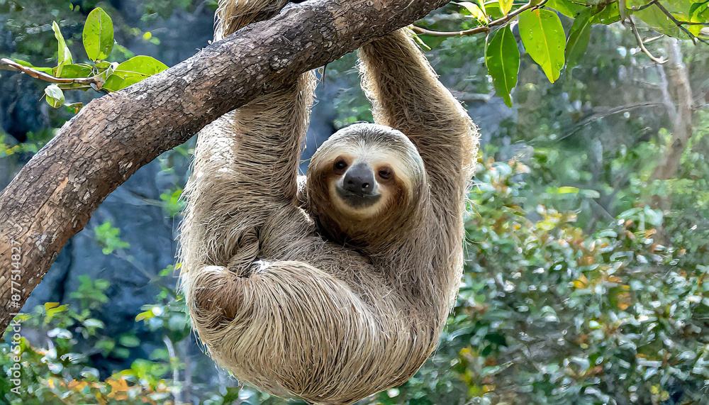 Funny sloth hanging on tree branch, cute face look, perfect portrait of wild animal in the Rainforest of Costa Rica scratching the belly, Bradypus variegatus, brown-throated three-toed sloth, relaxed Funny sloth hanging on tree branch, cute face look, perfect portrait of wild animal in the Rainforest of Costa Rica scratching the belly, Bradypus variegatus, brown-throated three-toed sloth, relaxed