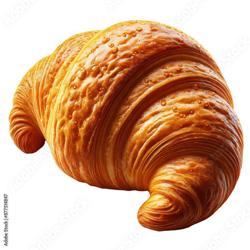 Golden croissant with a shiny, buttery surface and sugar granules, isolated on a transparent background