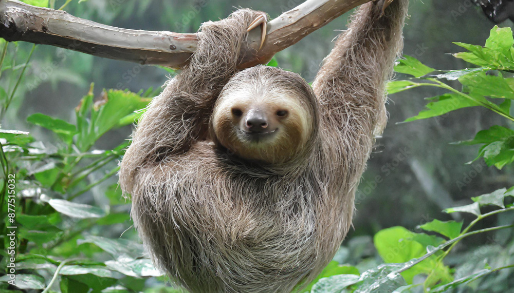 Funny sloth hanging on tree branch, cute face look, perfect portrait of wild animal in the Rainforest of Costa Rica scratching the belly, Bradypus variegatus, brown-throated three-toed sloth, relaxed Funny sloth hanging on tree branch, cute face look, perfect portrait of wild animal in the Rainforest of Costa Rica scratching the belly, Bradypus variegatus, brown-throated three-toed sloth, relaxed
