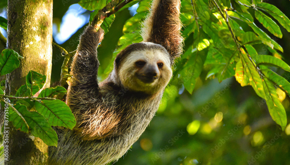 Funny sloth hanging on tree branch, cute face look, perfect portrait of wild animal in the Rainforest of Costa Rica scratching the belly, Bradypus variegatus, brown-throated three-toed sloth, relaxed Funny sloth hanging on tree branch, cute face look, perfect portrait of wild animal in the Rainforest of Costa Rica scratching the belly, Bradypus variegatus, brown-throated three-toed sloth, relaxed