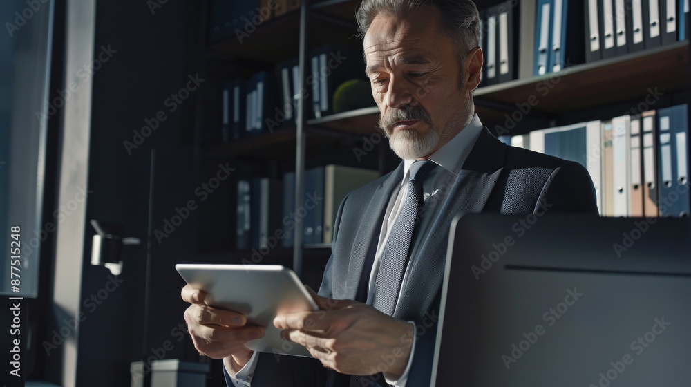 An elderly gentleman in a suit intently reads from a tablet in a dimly lit, modern office space, embodying professionalism and focus. An elderly gentleman in a suit intently reads from a tablet in a dimly lit, modern office space, embodying professionalism and focus.