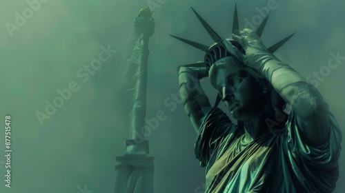 The Statue of Liberty appears weary against a greenish haze, symbolizing a reflective moment on freedom and the burden of ideals.
