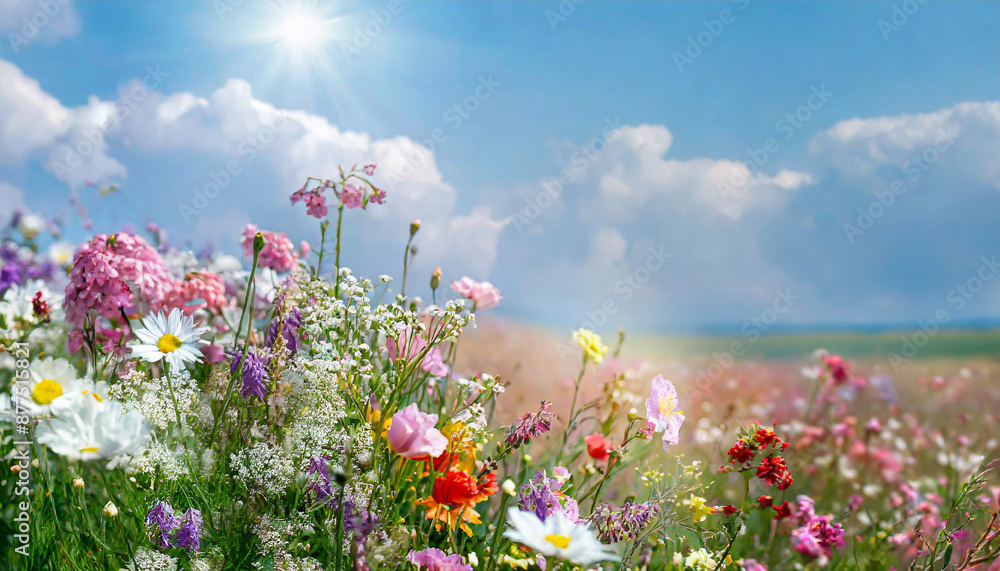 A beautiful, sun-drenched spring summer meadow. Natural colorful panoramic landscape with many wild flowers of daisies against blue sky. A frame with soft selective focus A beautiful, sun-drenched spring summer meadow. Natural colorful panoramic landscape with many wild flowers of daisies against blue sky. A frame with soft selective focus