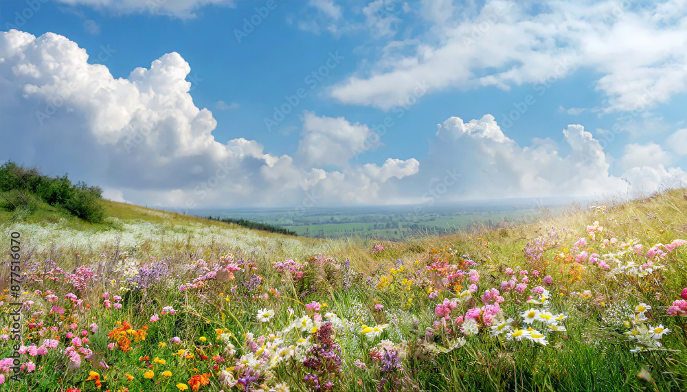 A beautiful, sun-drenched spring summer meadow. Natural colorful panoramic landscape with many wild flowers of daisies against blue sky. A frame with soft selective focus A beautiful, sun-drenched spring summer meadow. Natural colorful panoramic landscape with many wild flowers of daisies against blue sky. A frame with soft selective focus