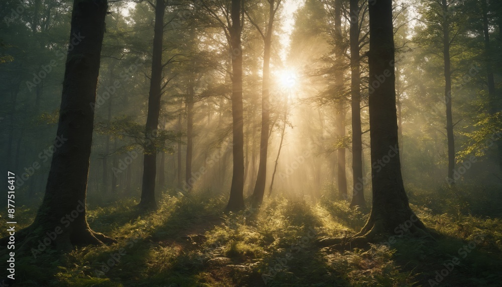 Obraz premium Golden sunlight illuminates a misty forest path