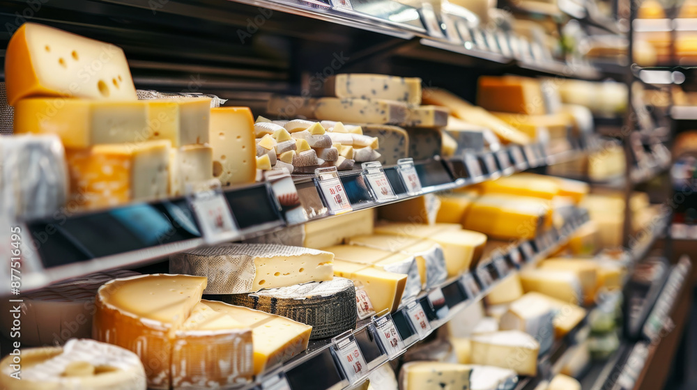 A crowded cheese display in a store, with various types of cheese slices and blocks, from soft to hard cheeses. A crowded cheese display in a store, with various types of cheese slices and blocks, from soft to hard cheeses.