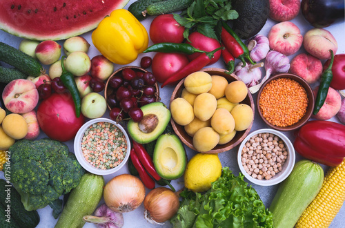 Wallpaper Mural Fresh vegetables, fruits and seeds, sereals on gray background, flat lay Torontodigital.ca