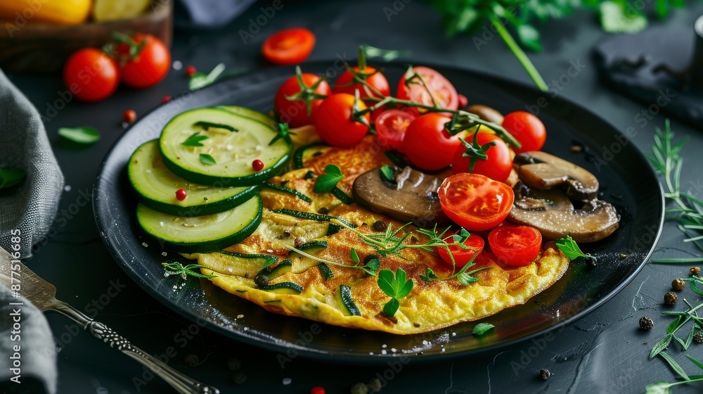 Omelet with zucchini, mushrooms, and tomatoes on a black plate Omelet with zucchini, mushrooms, and tomatoes on a black plate