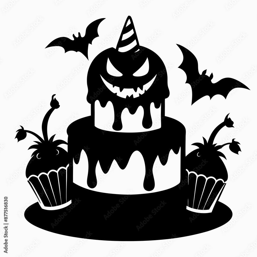 Halloween pumpkin cake with candles,Halloween cake black vector silhouette,Happy Halloween day Halloween pumpkin cake with candles,Halloween cake black vector silhouette,Happy Halloween day