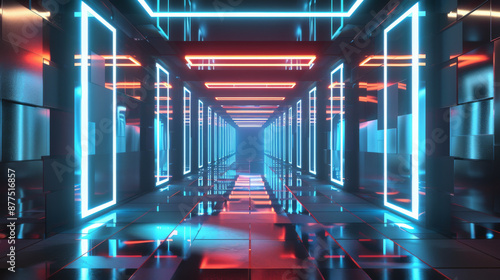 A futuristic, neon-lit hallway with reflective floors and vivid colors that create a sense of depth and intrigue.