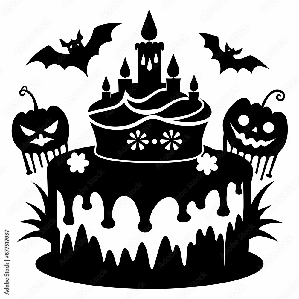 Halloween pumpkin cake with candles,Halloween cake black vector silhouette,Happy Halloween day Halloween pumpkin cake with candles,Halloween cake black vector silhouette,Happy Halloween day