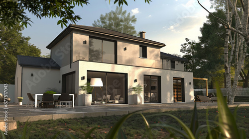 Wallpaper Mural A modern suburban house bathed in warm evening light, featuring large windows, a cozy patio area, and a lush green garden, epitomizing contemporary living. Torontodigital.ca