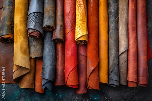 Assorted Rolls of Vibrant Leather in Various Textures and Colors