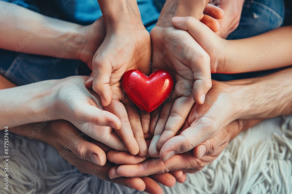 Top view of family hands gently holding a red heart symbol Top view of family hands gently holding a red heart symbol