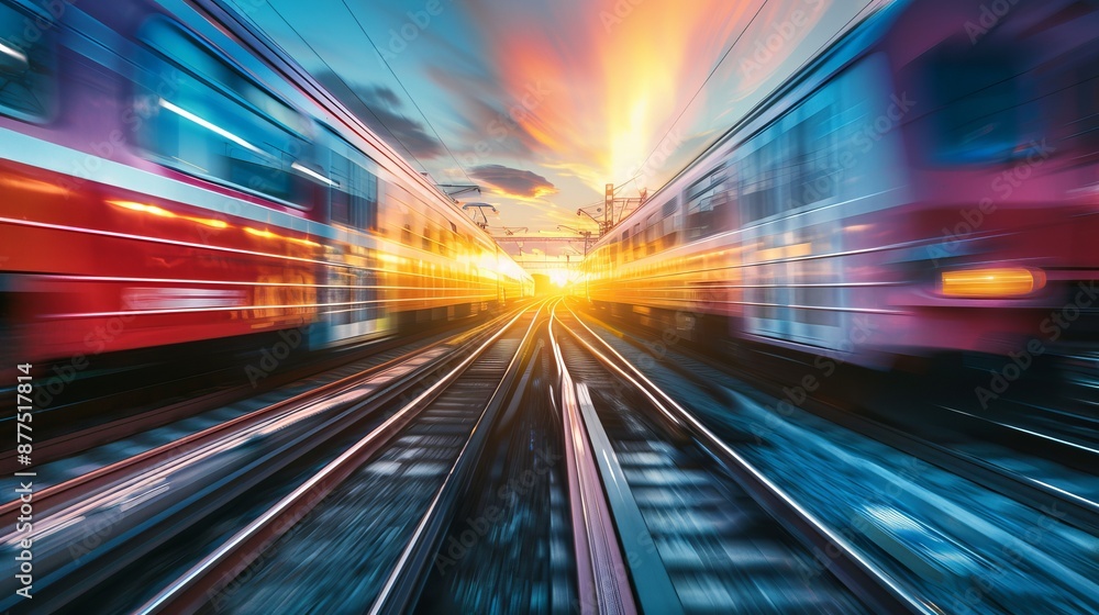 Two trains move fast to the different directions at sunset time Two trains move fast to the different directions at sunset time
