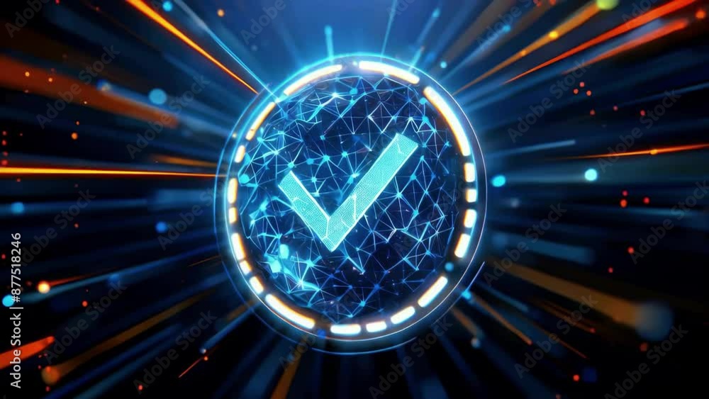 blue check mark on a futuristic background. Glowing neon tech icon ...