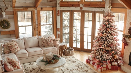 festive home decor, pink and brown christmas ornaments spread across a snug living room, fostering a cozy and welcoming ambiance photo