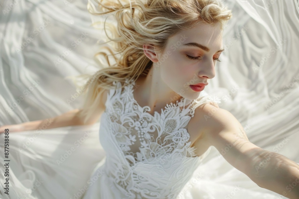 Beautiful young bride with long blonde hair blowing in the wind is wearing a white lace wedding dress and posing on white fabric Beautiful young bride with long blonde hair blowing in the wind is wearing a white lace wedding dress and posing on white fabric
