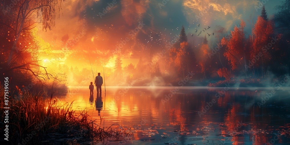 Father-Son Bonding at Sunrise, generative ai Father-Son Bonding at Sunrise, generative ai
