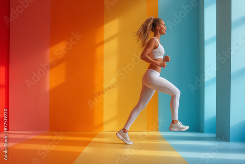 A woman in a light blue and white sports outfit is running against a colorful background with vertical stripes of orange, yellow, and blue. © Miha