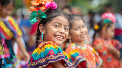 Young girl with a flower crown smiles brightly, wearing a colorful traditional dress while participating in a celebration of Fiesta de Santiago