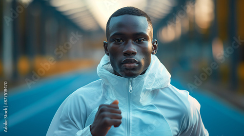 A focused portrait of a man running, wearing a white sports jacket. He has a serious and determined expression, with a blurred background of a bridge, highlighting his focus and intensity.