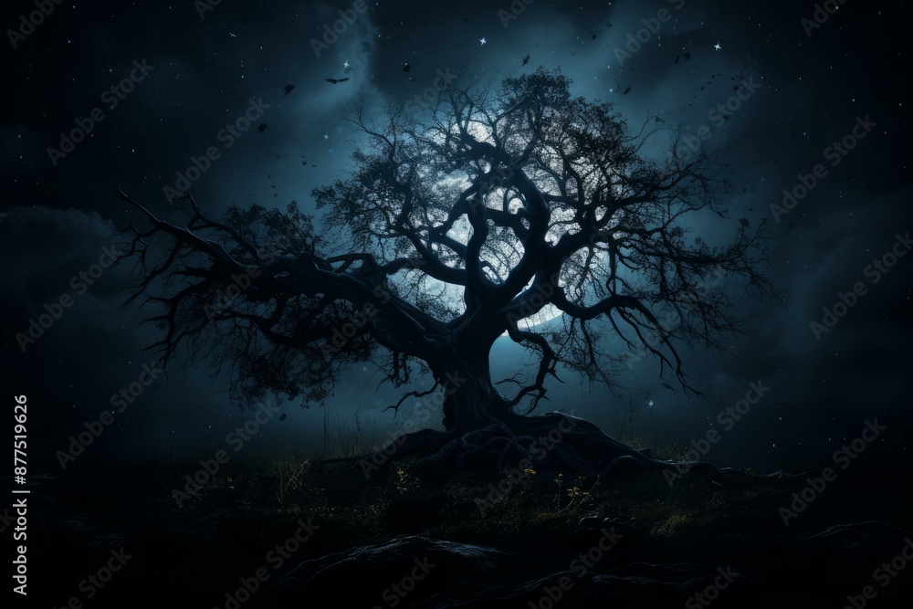Solitary, gnarled tree stands under a starlit sky, creating a mysterious nocturnal scene Solitary, gnarled tree stands under a starlit sky, creating a mysterious nocturnal scene