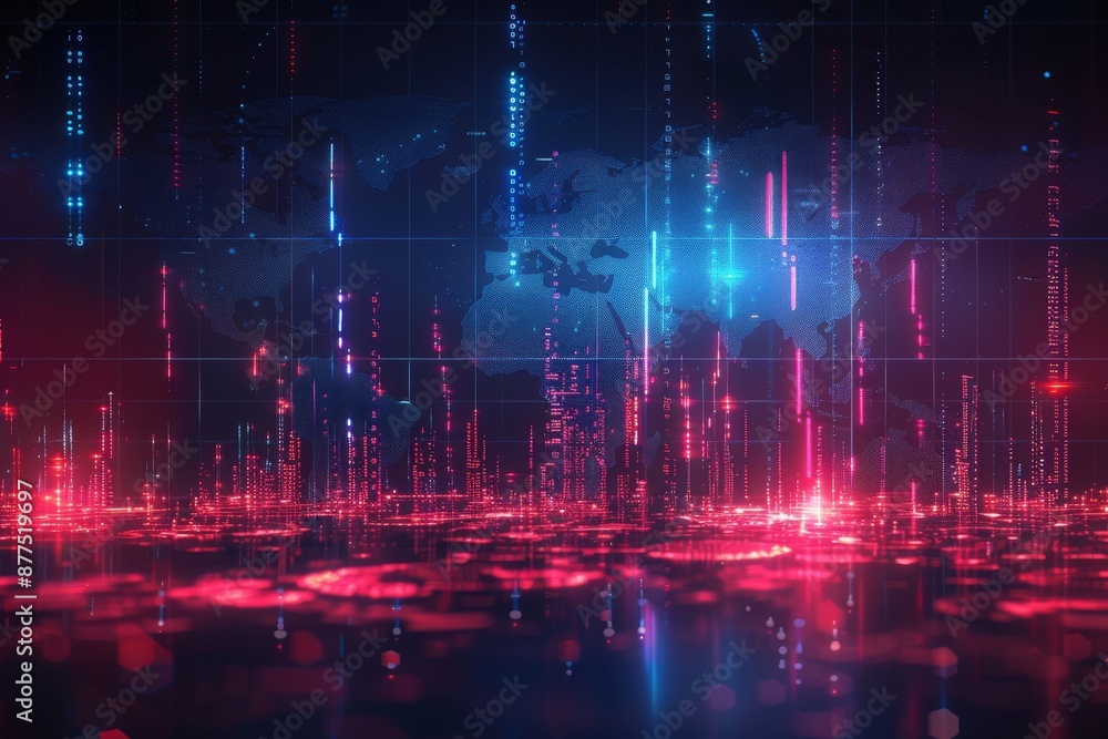 abstract colorful gloing futuristic virtual map background, hologram of candlesticks from the cryptocurrency market abstract colorful gloing futuristic virtual map background, hologram of candlesticks from the cryptocurrency market