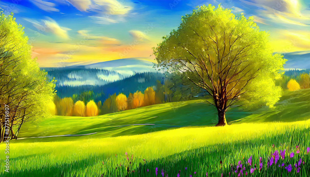 Obraz premium Spring landscape. Fresh foliage, grass. Nature comes to life. spring background for the product