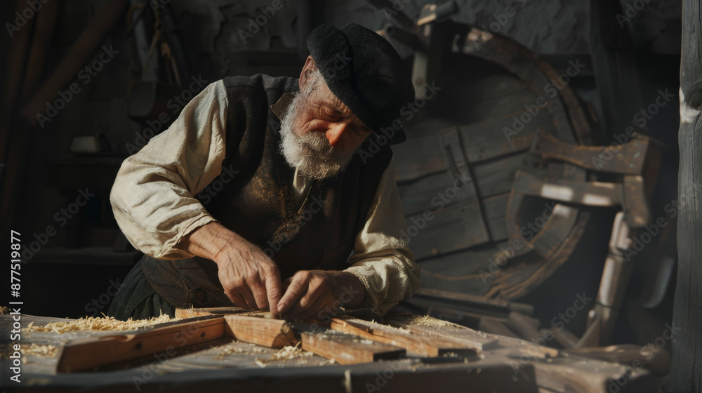 An elderly artisan intensely focuses on his woodwork, surrounded by tools and shavings in a rustic workshop, capturing the essence of craftsmanship and dedication.