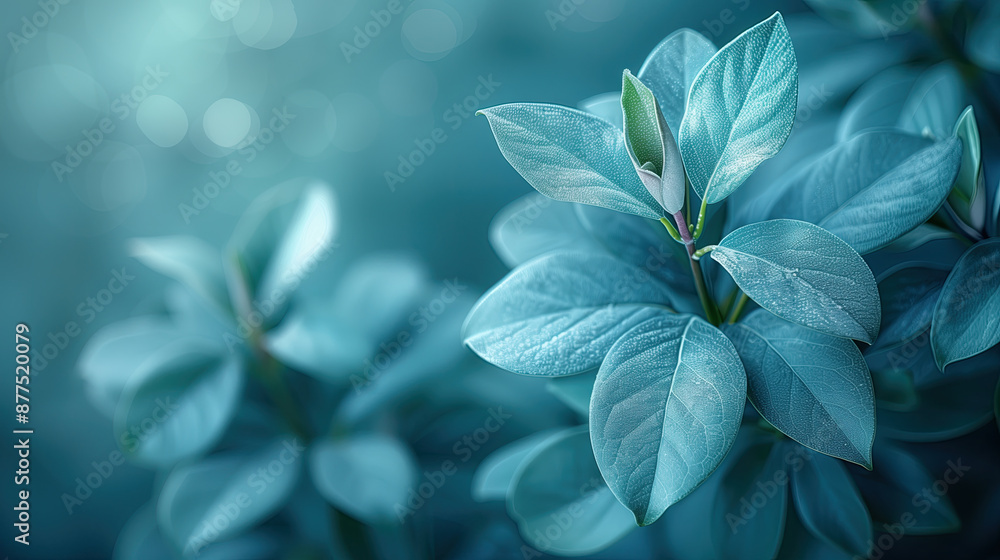 Close-up of fresh green leaves with a soft turquoise bokeh background, showcasing the beauty and detail of nature. Close-up of fresh green leaves with a soft turquoise bokeh background, showcasing the beauty and detail of nature.