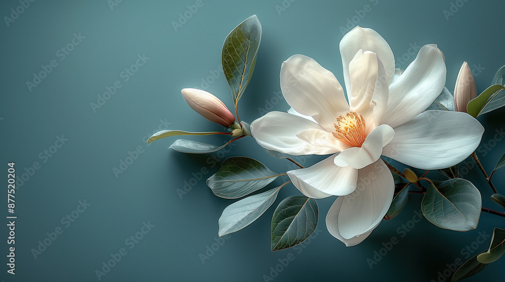 Single white magnolia flower in full bloom with green leaves and buds, set against a simple teal background, creating an elegant and minimalist composition. Single white magnolia flower in full bloom with green leaves and buds, set against a simple teal background, creating an elegant and minimalist composition.