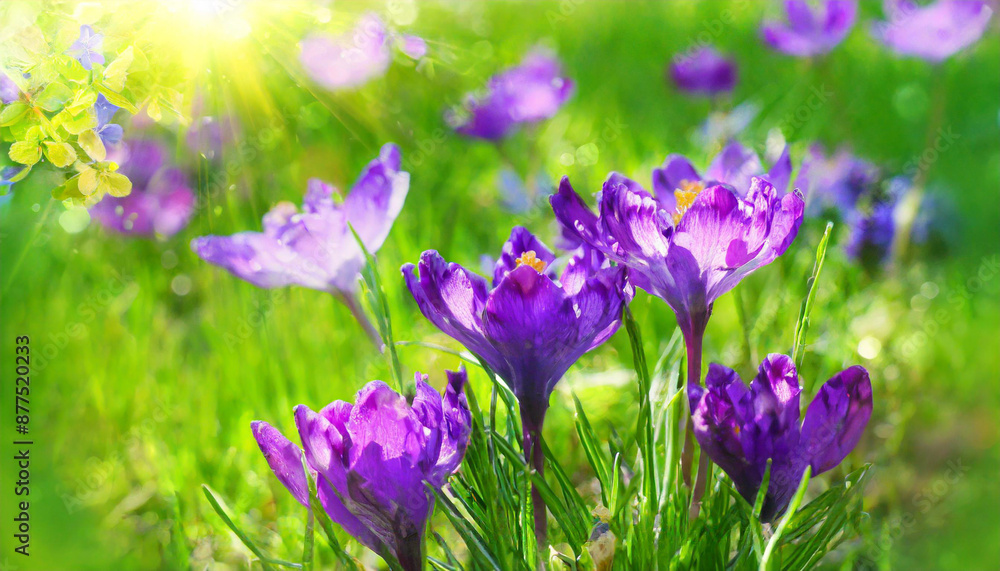 Crocus spring flowers in garden. Sunny time springtime day with sunshine light. Close-up. Shallow depth of field. Crocus spring flowers in garden. Sunny time springtime day with sunshine light. Close-up. Shallow depth of field.
