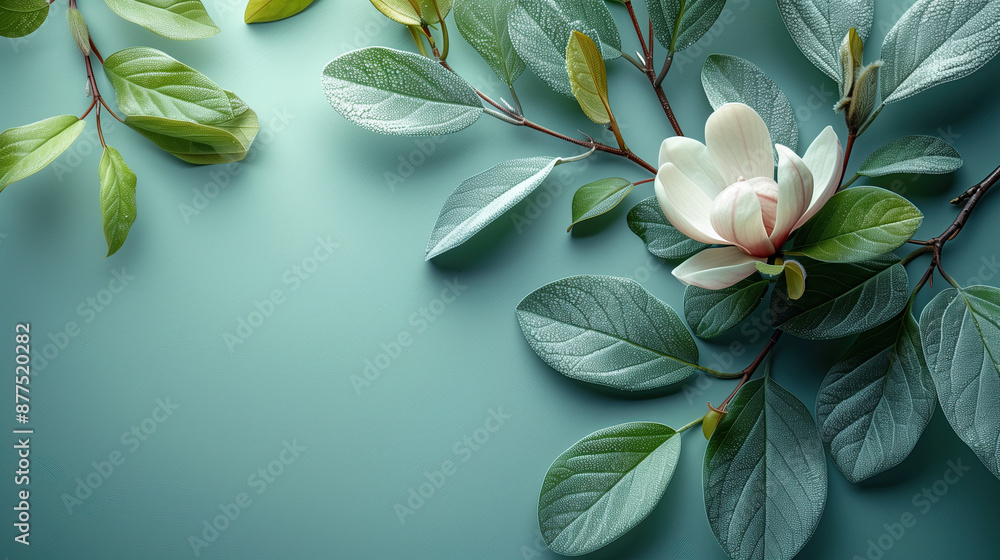 A single white magnolia flower blooming on a branch with lush green leaves, set against a pastel teal background for a minimalist and fresh look. A single white magnolia flower blooming on a branch with lush green leaves, set against a pastel teal background for a minimalist and fresh look.