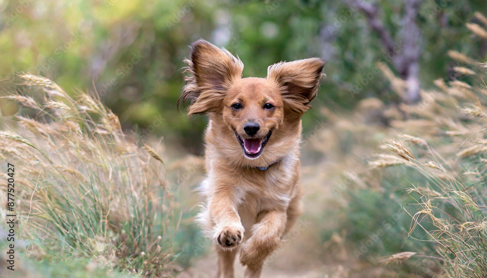 Spring, summer concept, playful happy pet dog puppy running in the grass and listening with funny ears Spring, summer concept, playful happy pet dog puppy running in the grass and listening with funny ears