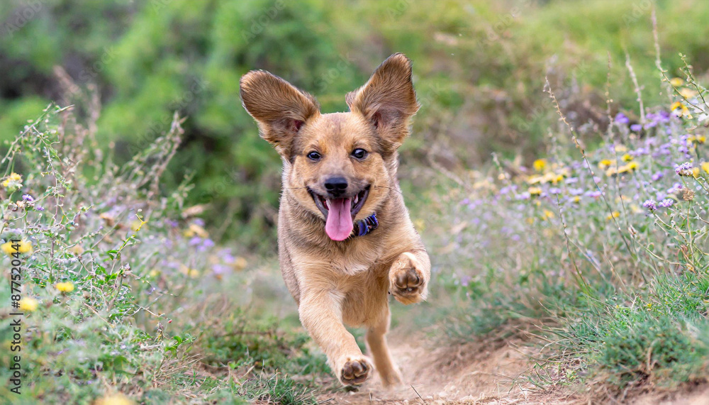 Spring, summer concept, playful happy pet dog puppy running in the grass and listening with funny ears Spring, summer concept, playful happy pet dog puppy running in the grass and listening with funny ears