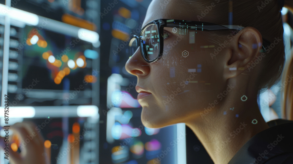 A professional intently analyzes digital displays in a technologically advanced setting, reflecting a high level of focus and technical expertise. A professional intently analyzes digital displays in a technologically advanced setting, reflecting a high level of focus and technical expertise.
