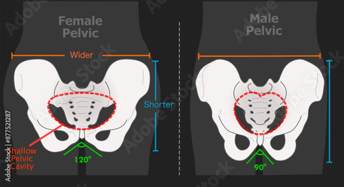 Pelvic female, male pelvis structure differences between. Human, man woman skeleton versus. Bone anatomy, shallow pelvic cavity wider, shorter bony. Xray dark Illustration vector	