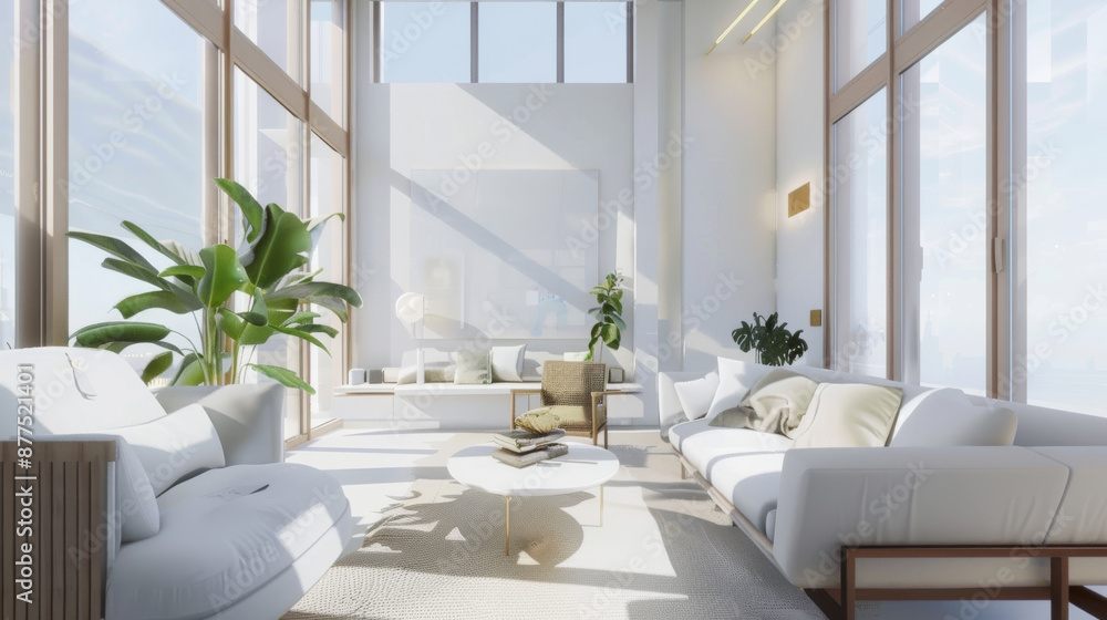 A luxurious, bright living room with big windows and modern furnishings, flooded with sunlight, creating an inviting and airy atmosphere perfect for relaxation. A luxurious, bright living room with big windows and modern furnishings, flooded with sunlight, creating an inviting and airy atmosphere perfect for relaxation.