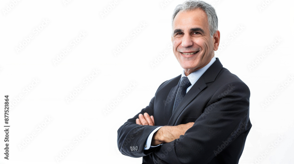 A confident professional man in a suit stands with arms crossed, radiating success and assurance against a clean white background. A confident professional man in a suit stands with arms crossed, radiating success and assurance against a clean white background.